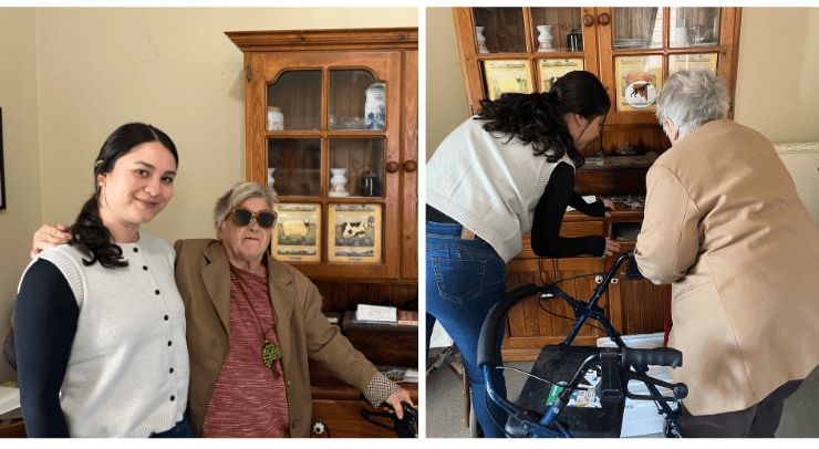 Rose and Dayane stand in front of the cupboard and smile for a picture. The second picture shows the two going through items in the cupboard.