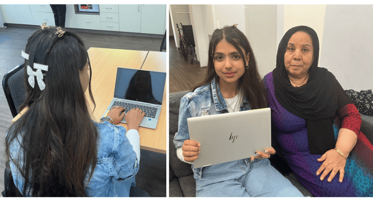 In the first image you see a girl working on her laptop. In the second image on the right is a girl seated with another lady who is her mother. The girl is holding the laptop in the second image.