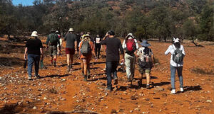 A group of adults and kids hiking in the australian outback