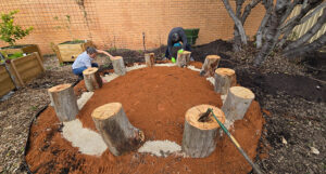 two people placing wooden stumps in a circle