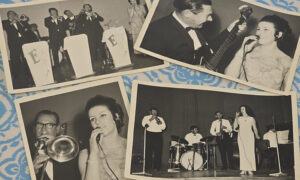 Image of 4 old photographs on table showing a band performing on stage