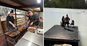 Photo of 2 people grilling sausages on bbq next to photo of kids fishing by lake