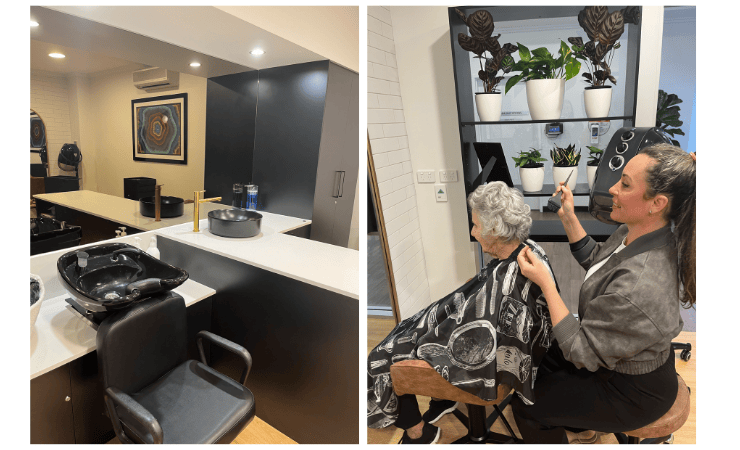A hairdresser working on aged care resident Margaret's hair. 