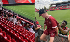 image of crowd on red seats, next to image of boy having shirt signed by soccer player