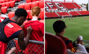 side by side image of young boy having his shirt signed by soccer player next to image of boy in hat watching soccer training