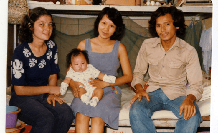 Phuong and her family during their time at Pula Bi-dong refugee camp in Malaysia.