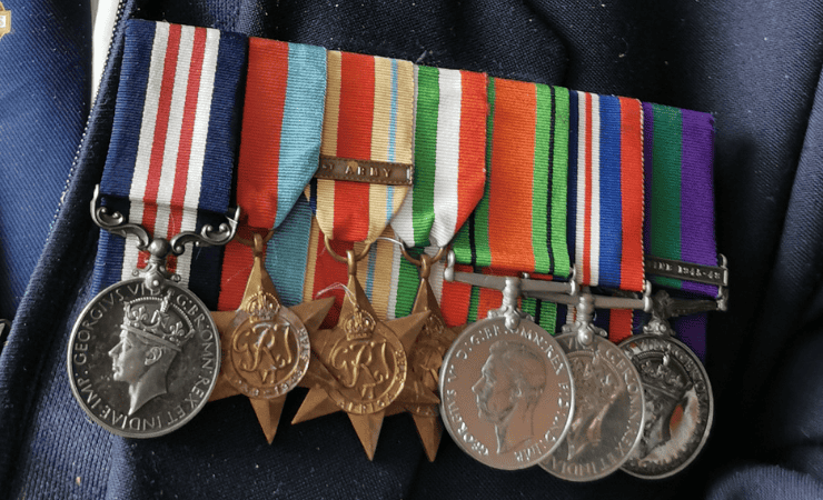 Bob’s seven World War II medals, displayed on his chest.