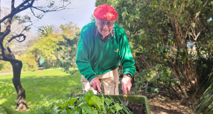 Bob in the garden wearing a red beret and a bright green jumper.