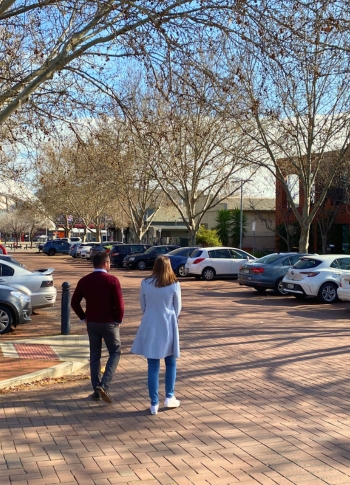 Two people walk down a tree-lined street having a conversation.