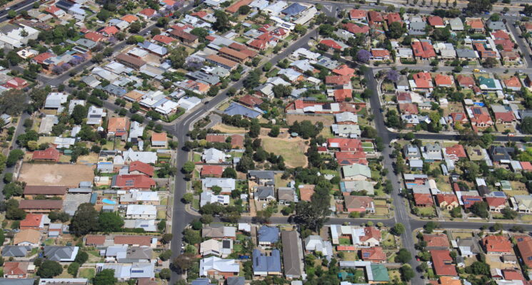 An aerial image of suburban houses
